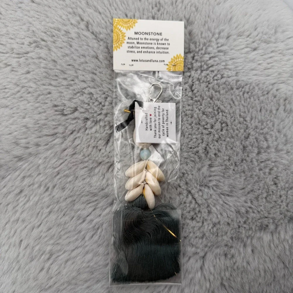 Lotus and Luna Keychain OS Charcoal Grey Cowrie Shell Moonstone Tassel NEW